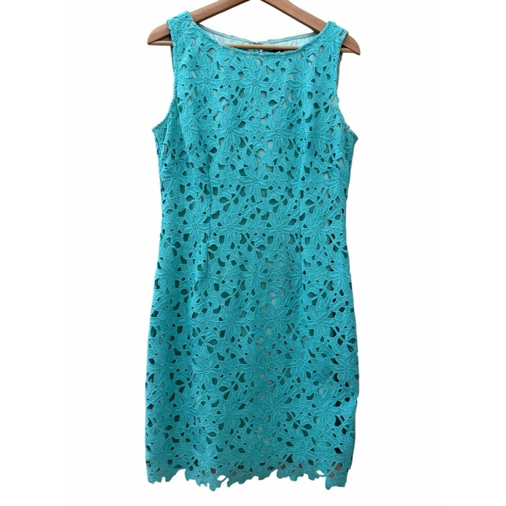Tahari ASL Teal Floral Crochet Lace Overlay Sleeveless Sheath Dress Zip Size 8
